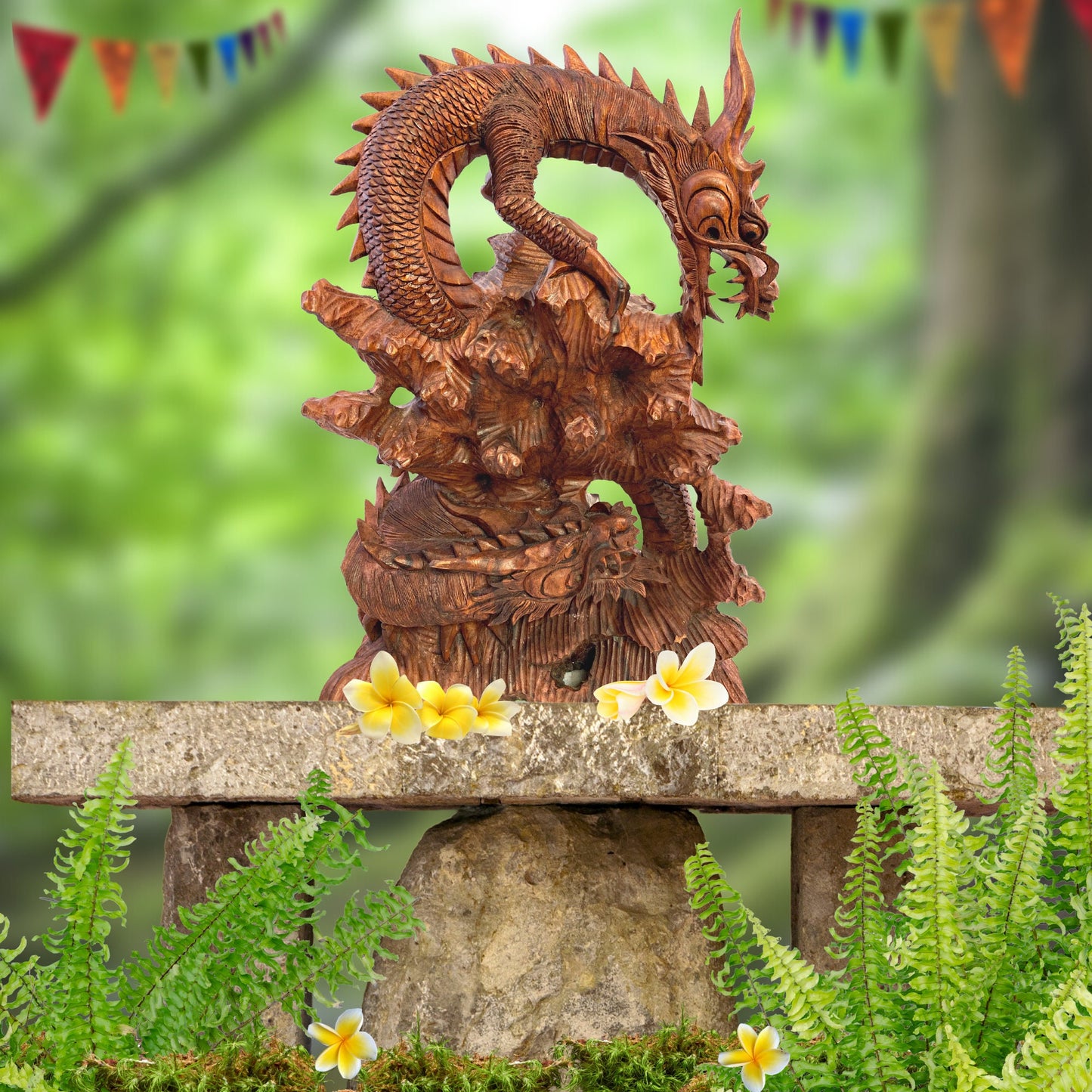 Hand Carved Twin Dragon Naga Wood Sculpture: Balinese Folk Art Statue