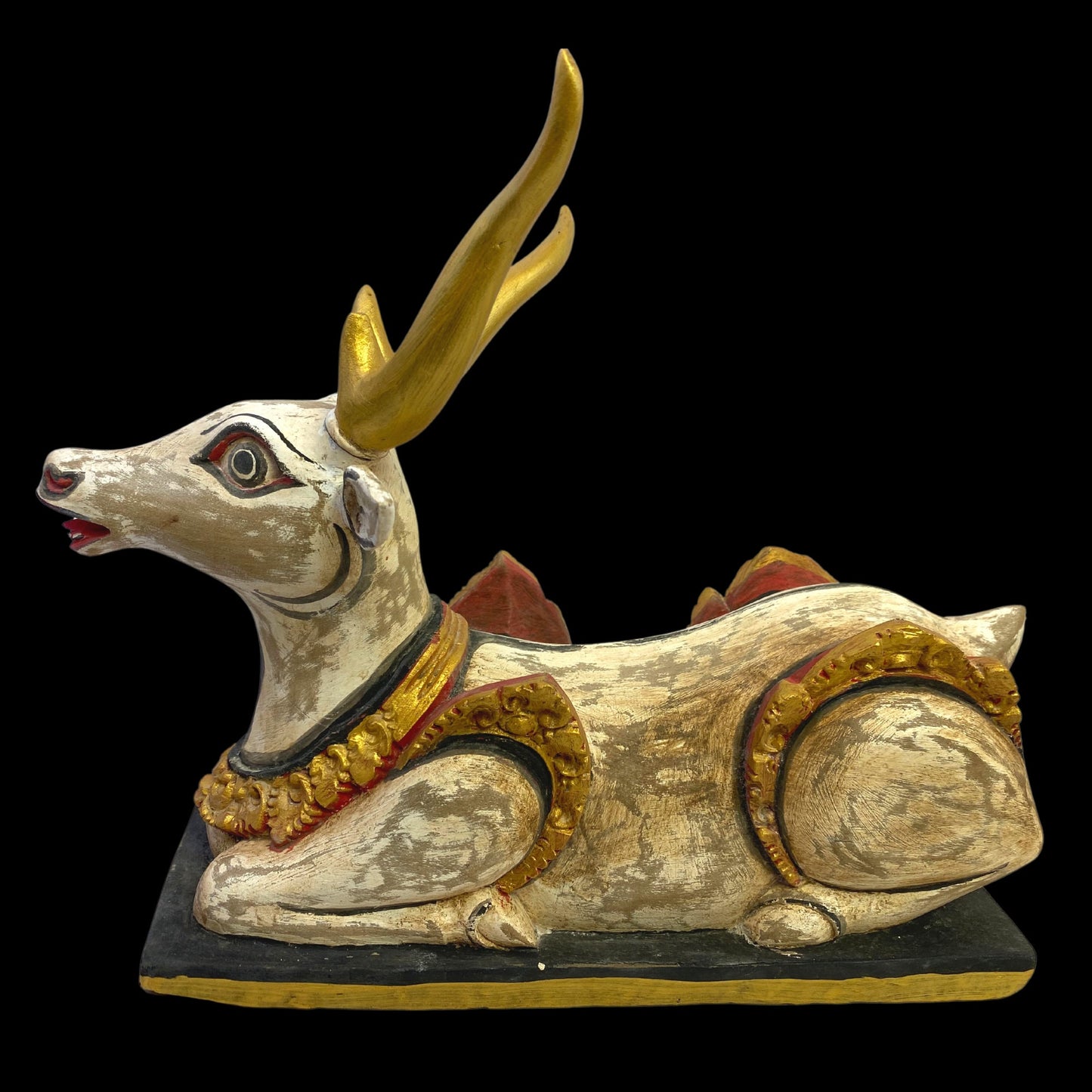 Vintage Balinese Deer Statue: Temple Guardian, Hand Carved Polychrome Cempaka Wood Sculpture