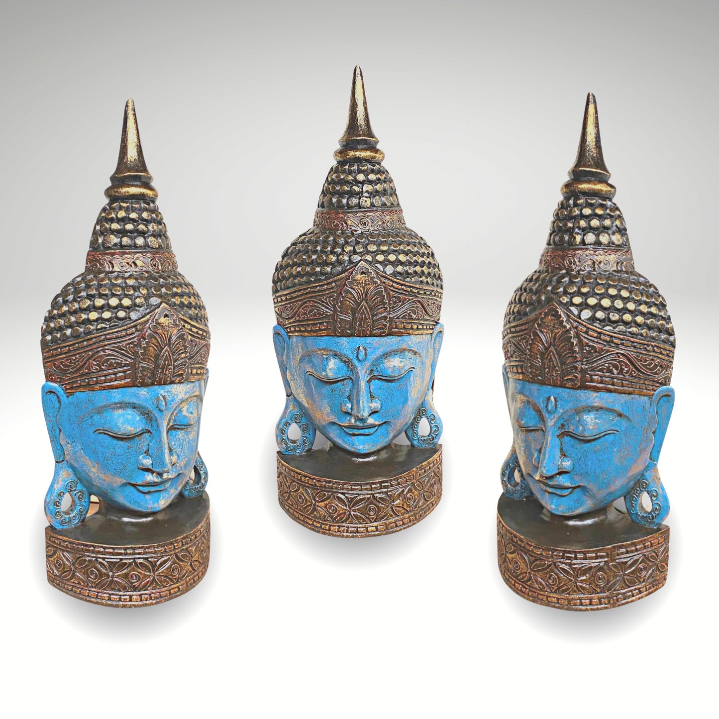 Balinese Enlightened Buddha Wooden Mask Wall freestanding Mask Sculpture Hand Carved Wood Carving Balinese Folk art Blue Boho Decor 24"