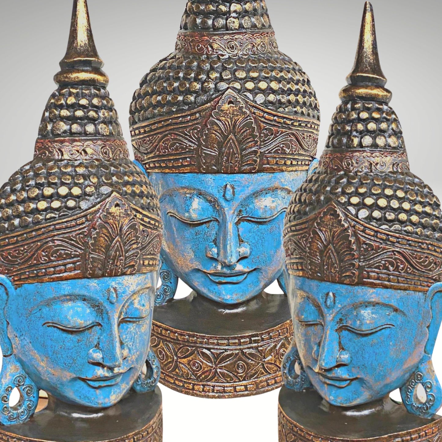 Balinese Enlightened Buddha Wooden Mask Wall freestanding Mask Sculpture Hand Carved Wood Carving Balinese Folk art Blue Boho Decor 24"