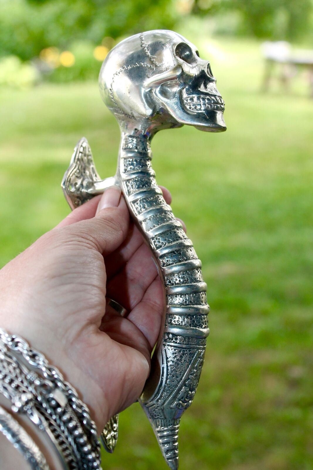 Gothic Skull Bronze Door Handle Knob Pull Cast Silvered Balinese Art