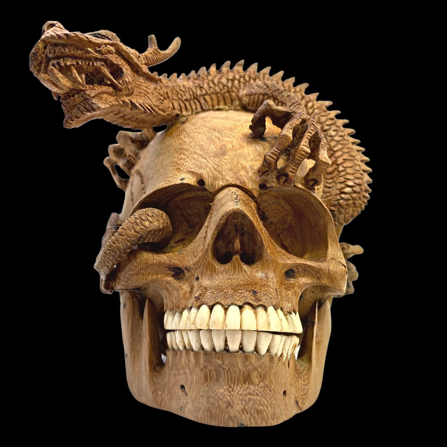 Balinese Skull Sculpture Dragon Naga Hand CARVED Art Bali Wood Carving Art Eclectic Gothic Oddity Home Decor