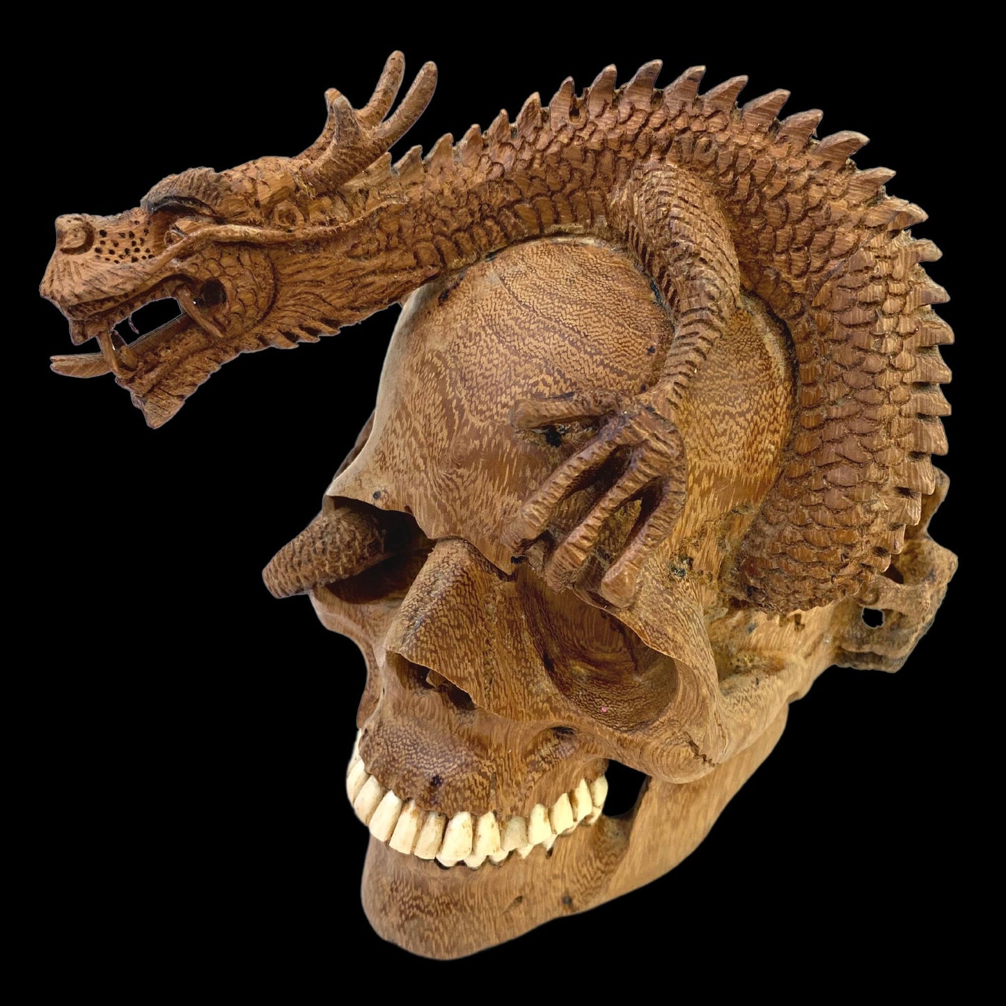 Balinese Skull Sculpture Dragon Naga Hand CARVED Art Bali Wood Carving Art Eclectic Gothic Oddity Home Decor