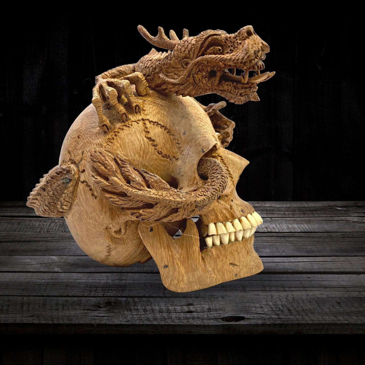 Hand Carved Suar Wood Skull Sculpture: Balinese Dragon Art