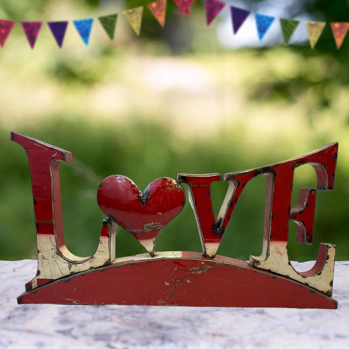 Recycled Metal LOVE Sculpture: Red Heart, Boho Industrial Garden Decor