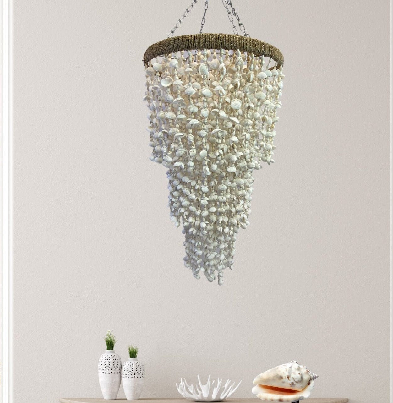 Shell lamp shade pendant Natural seashell chandelier bohemian lampshade white lighting handmade Boho style lighting Beach Cottage 32"
