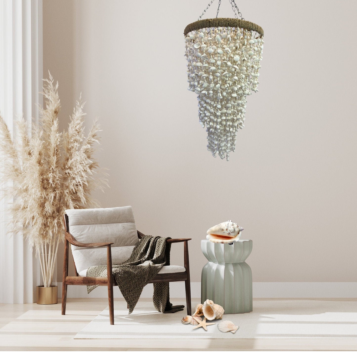 Shell lamp shade pendant Natural seashell chandelier bohemian lampshade white lighting handmade Boho style lighting Beach Cottage 32"