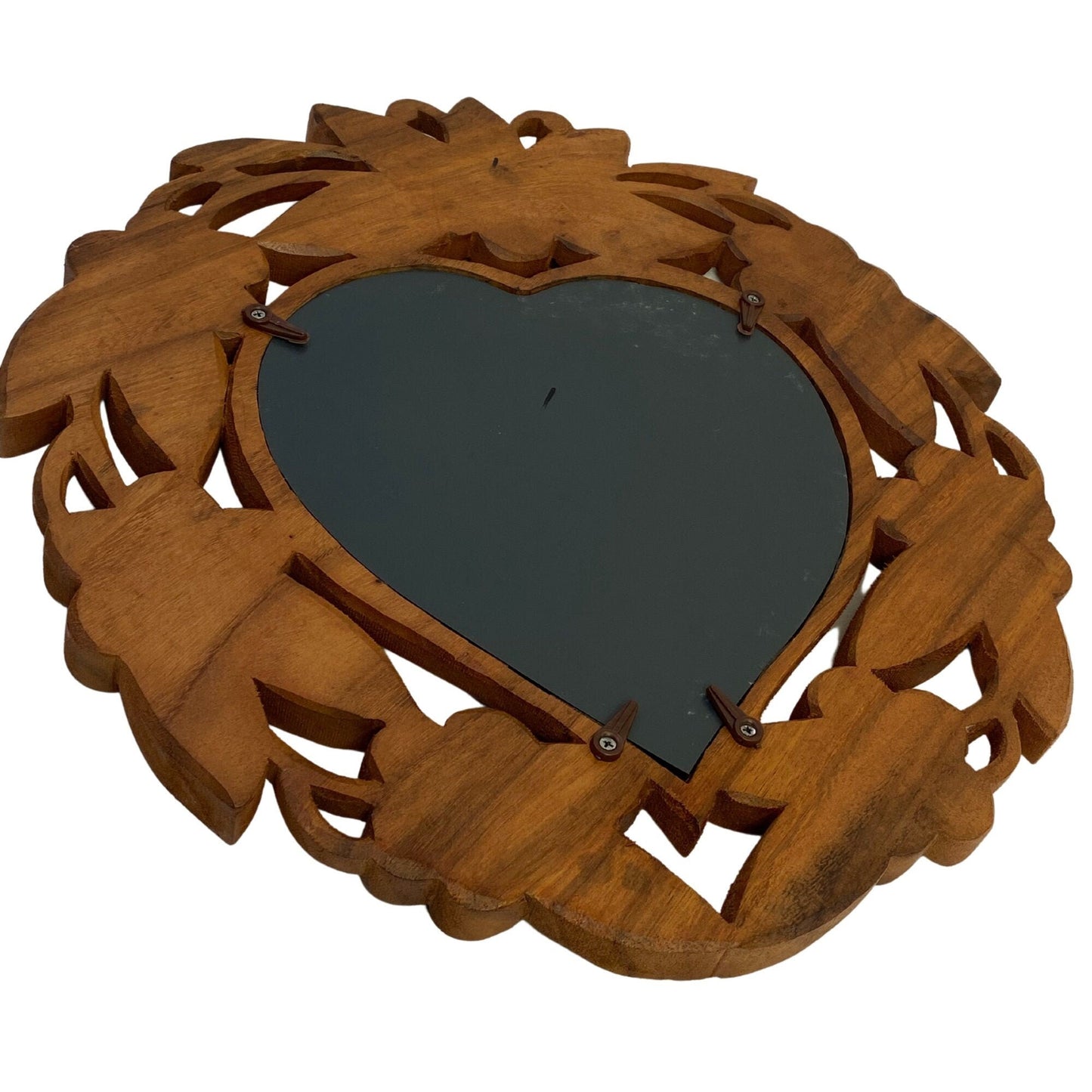 Carved Heart Mirror: Handmade Frangipani Floral Relief, Balinese Suar Wood Wall Art