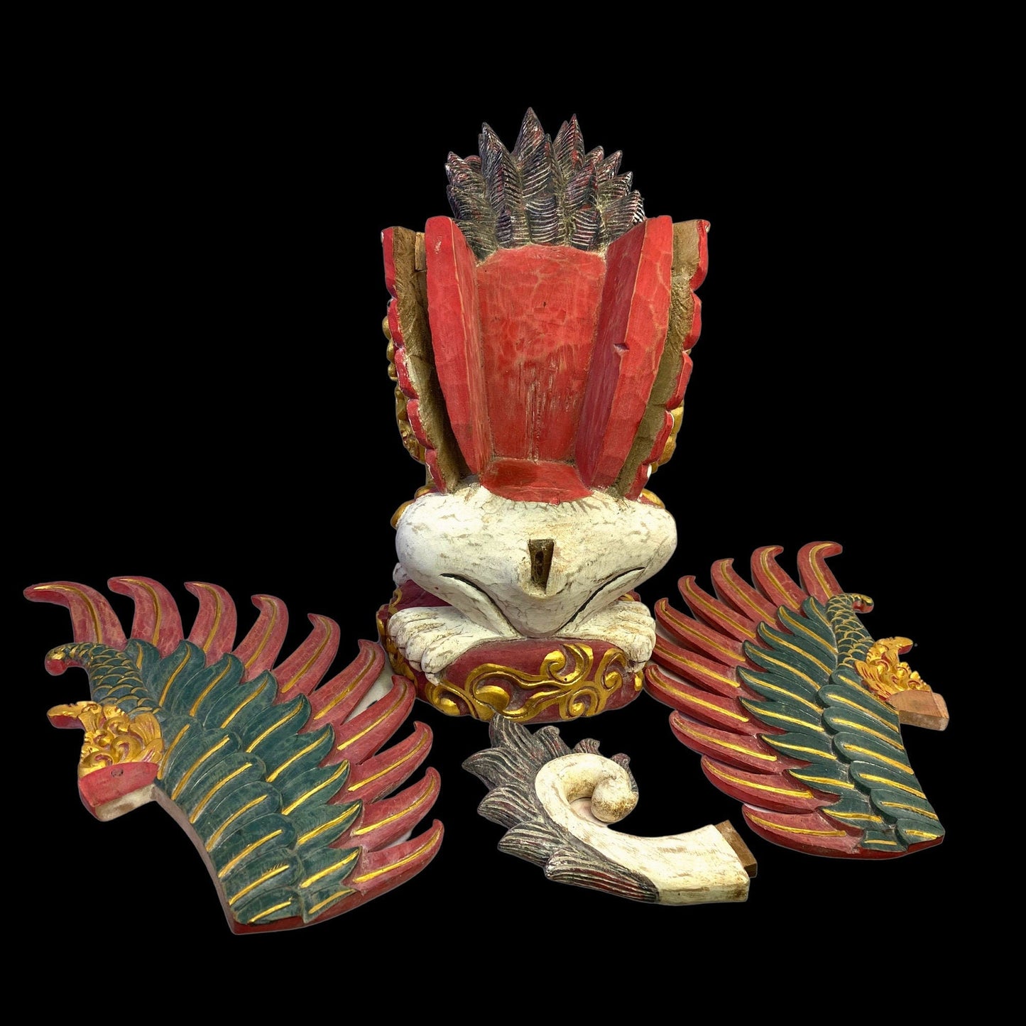 Balinese Wood Carving Singa Barong Sculpture: Polychrome Carved Wood Temple Statue, Winged Mythical Lion