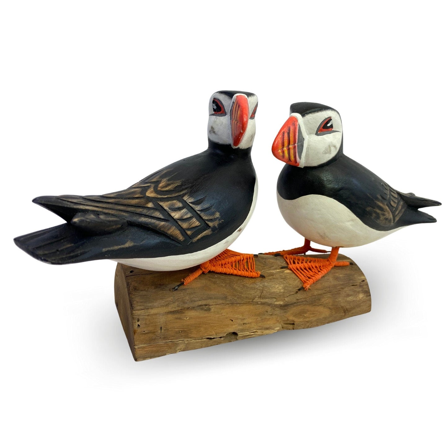 Twin Atlantic Puffin Birds Sculpture Hand carved & Painted Bird Wood Statue Sea bird wildlife carving Clown of the sea shore bird - Acadia World Traders