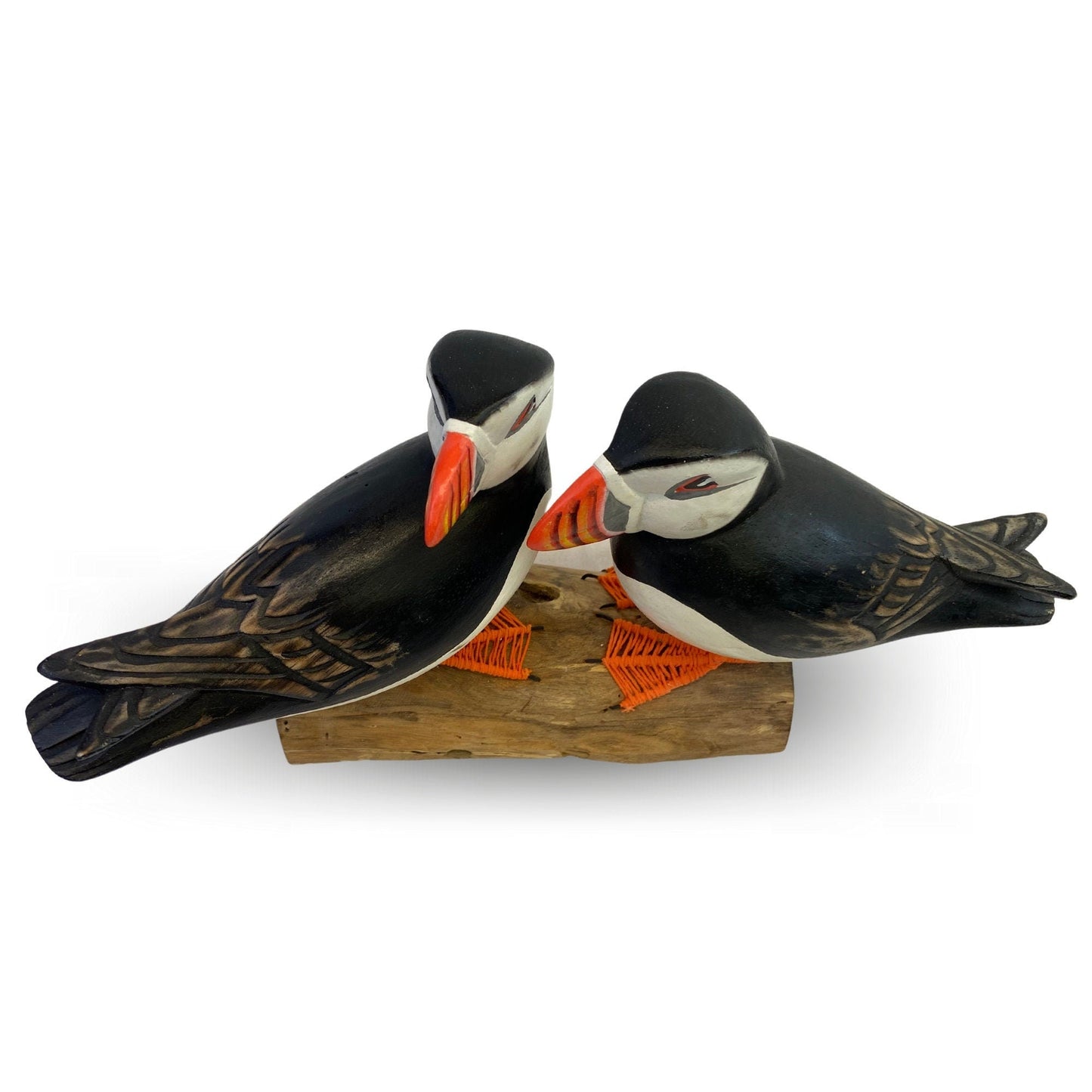 Twin Atlantic Puffin Birds Sculpture Hand carved & Painted Bird Wood Statue Sea bird wildlife carving Clown of the sea shore bird - Acadia World Traders
