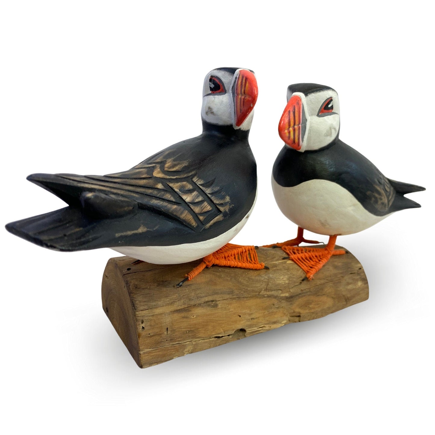 Twin Atlantic Puffin Birds Sculpture Hand carved & Painted Bird Wood Statue Sea bird wildlife carving Clown of the sea shore bird - Acadia World Traders