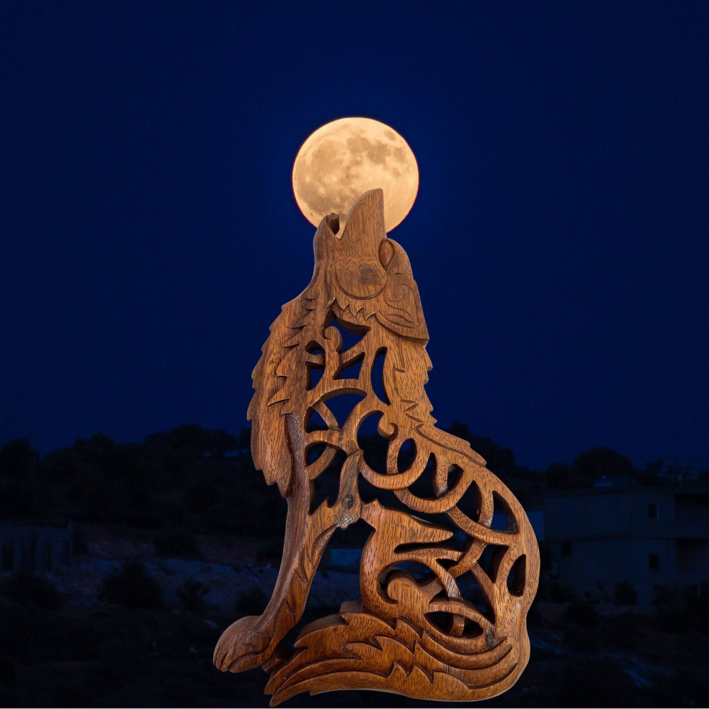 Celtic Howling Wolf Wood Carving: Handmade Suar Wall Art Panel