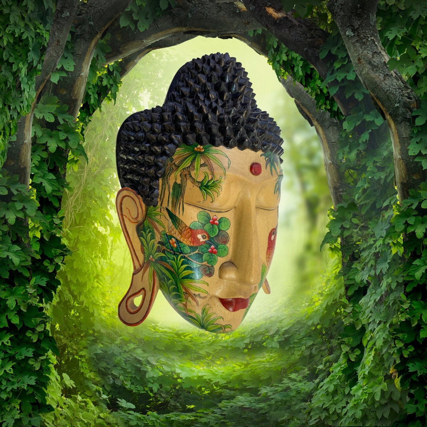 Forest Mystic Tattoo Buddha Mask Wall art Sculpture Balinese miniature style painting Ubud village art art hand painted wood carving