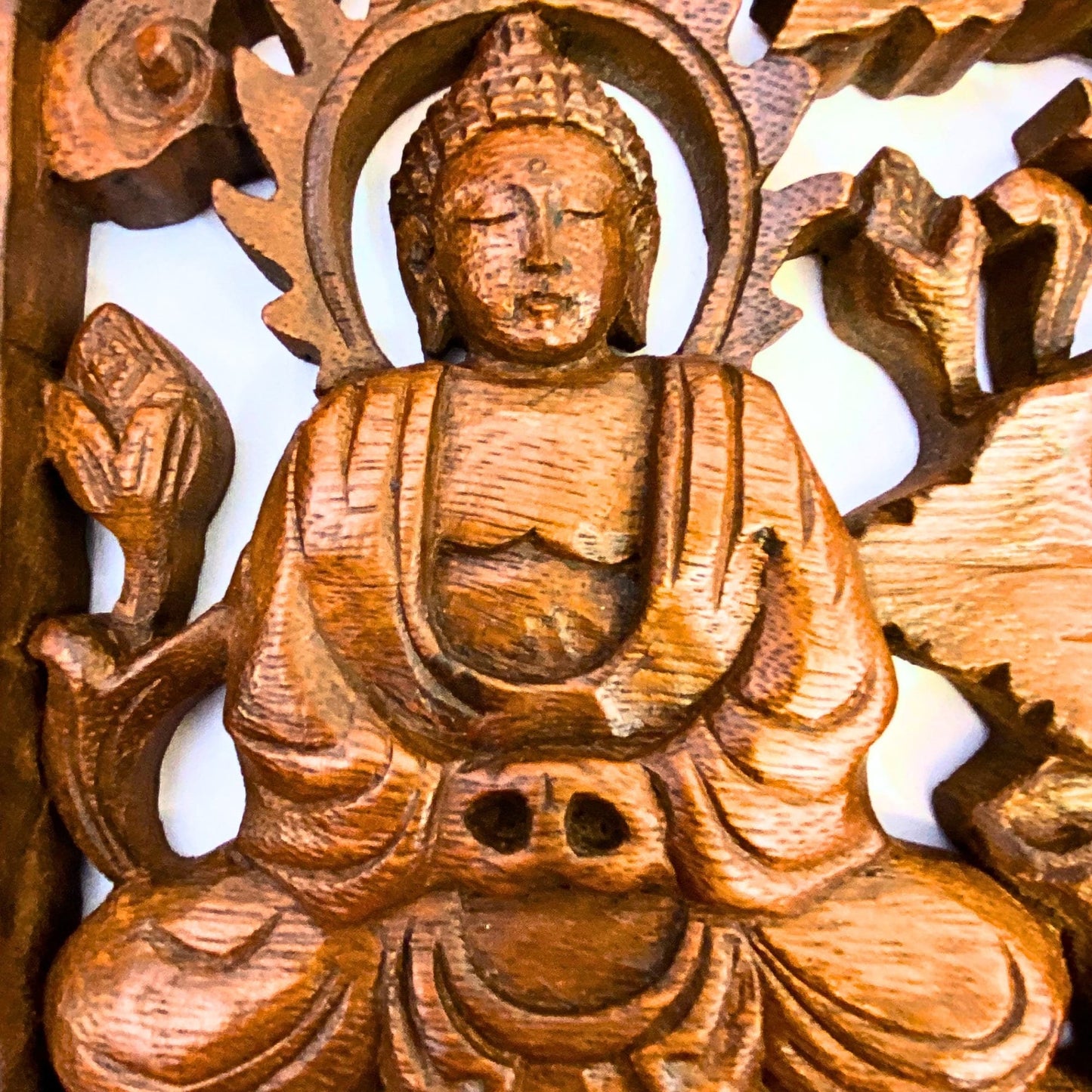 Triple Mudra Buddha Panel Hand Carved Suar Wood Bali Wall Sculpture Balinese Art