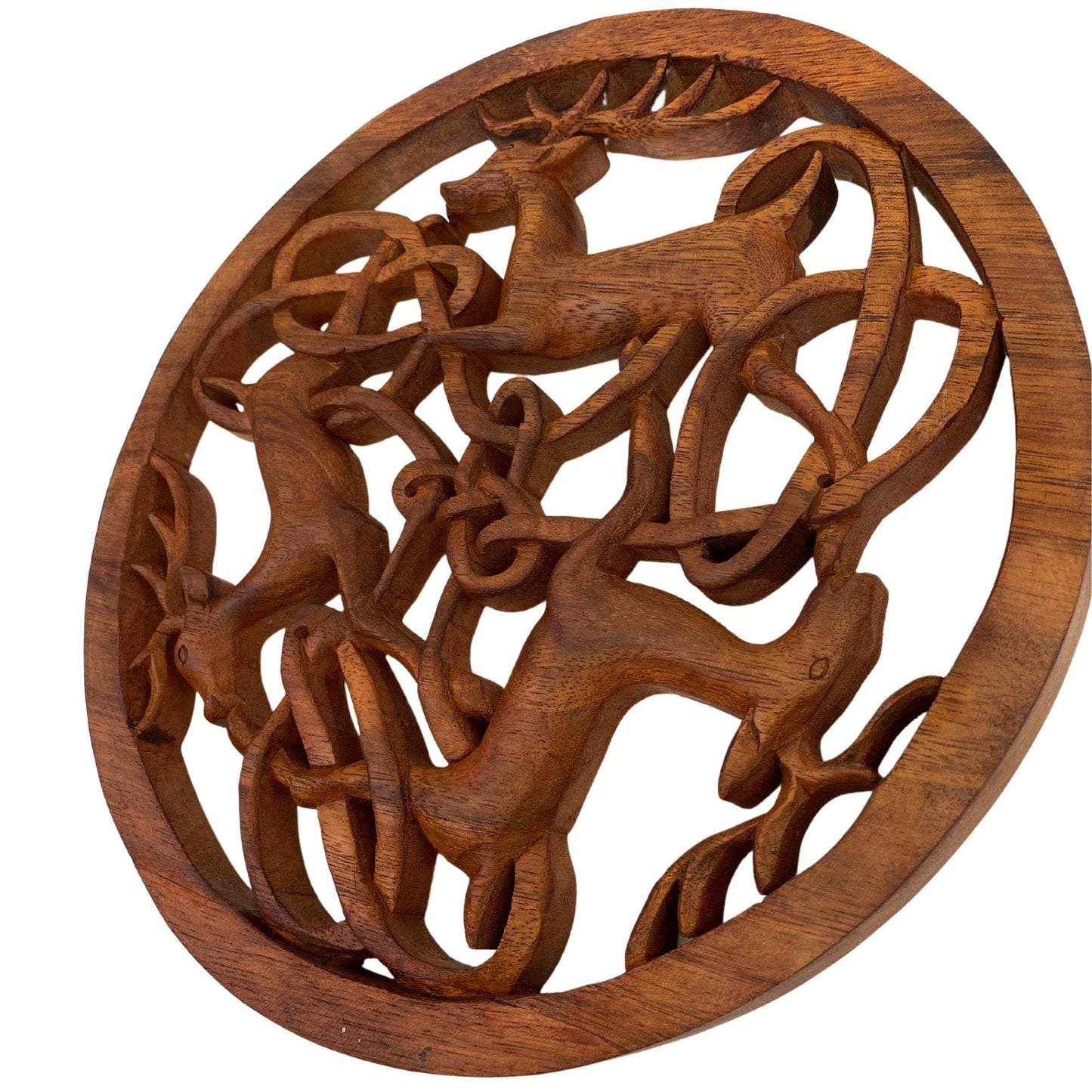 Celtic Deer Hand Carved Wood Panel Wall Art Round wooden Plaque Woodland Decor Balinese Carving Decor