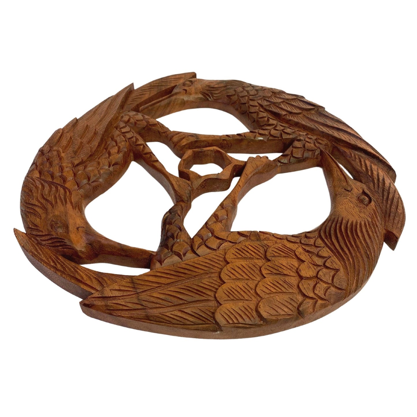 Gothic Birds Crow Crows Raven Corvus Panel Wall Art Round Plaque Hand Carved Balinese wood Carving Decor - Acadia World Traders