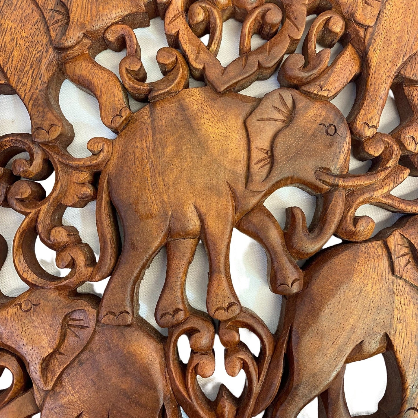 Elephant Family Panel Hand Carved Wood Relief Wall Art Round Plaque Balinese Folk Art Handmade wood Carving Home Decor