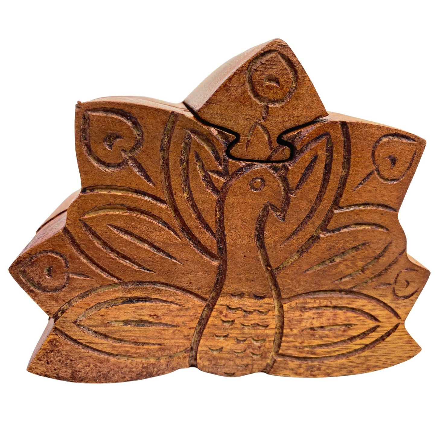 Peacock Peafowl Bird Secret Puzzle Stash Box Jewelry gift Box Hand Carved Wood Carving Bali art - Acadia World Traders