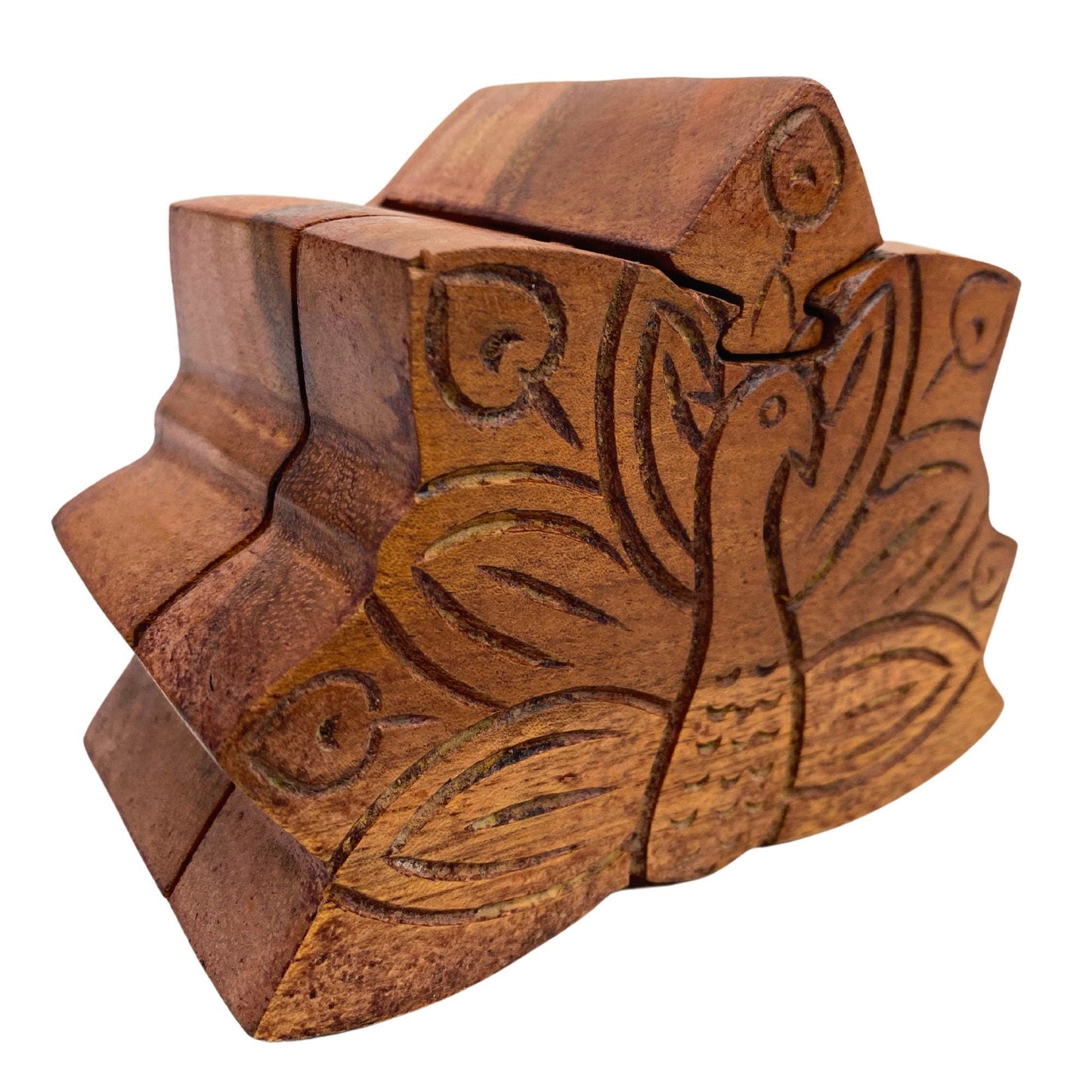 Peacock Peafowl Bird Secret Puzzle Stash Box Jewelry gift Box Hand Carved Wood Carving Bali art - Acadia World Traders