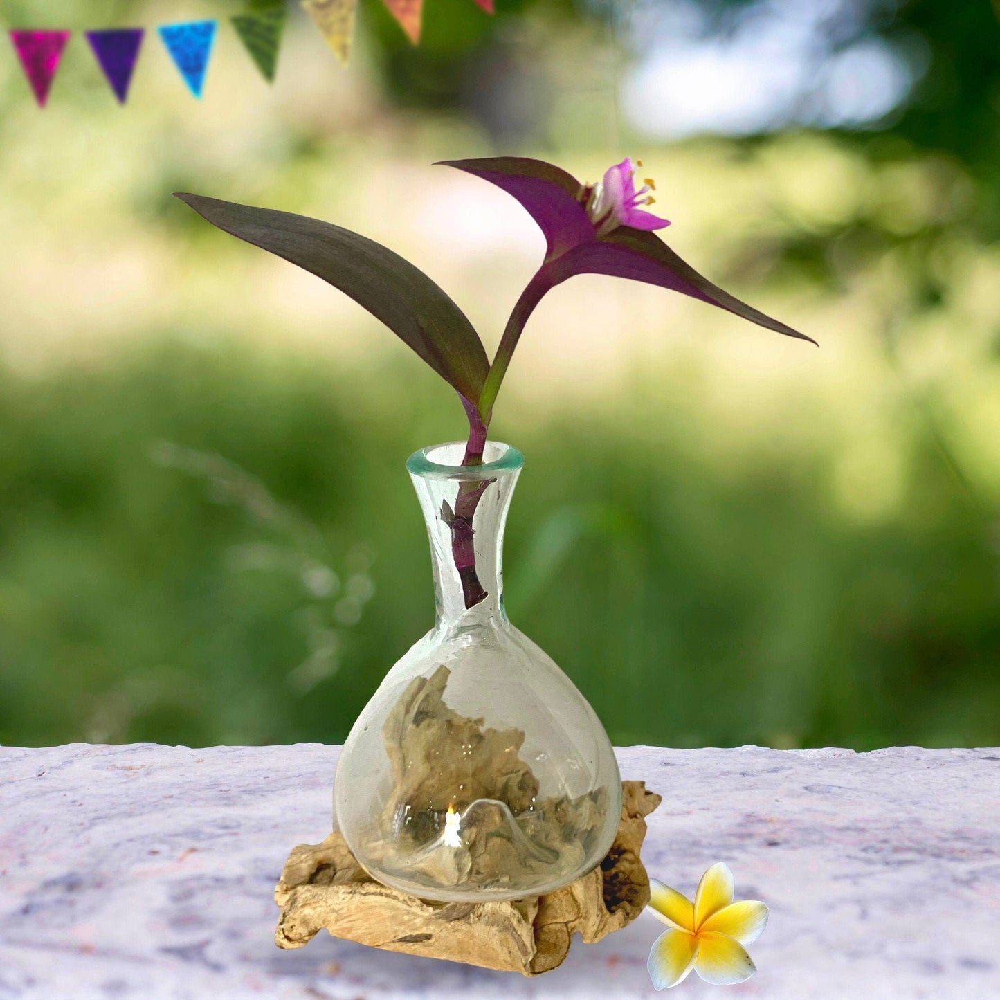 Hand Blown Glass Bud Vase Slumped on Reclaimed Teak Root: Balinese Boho Decor