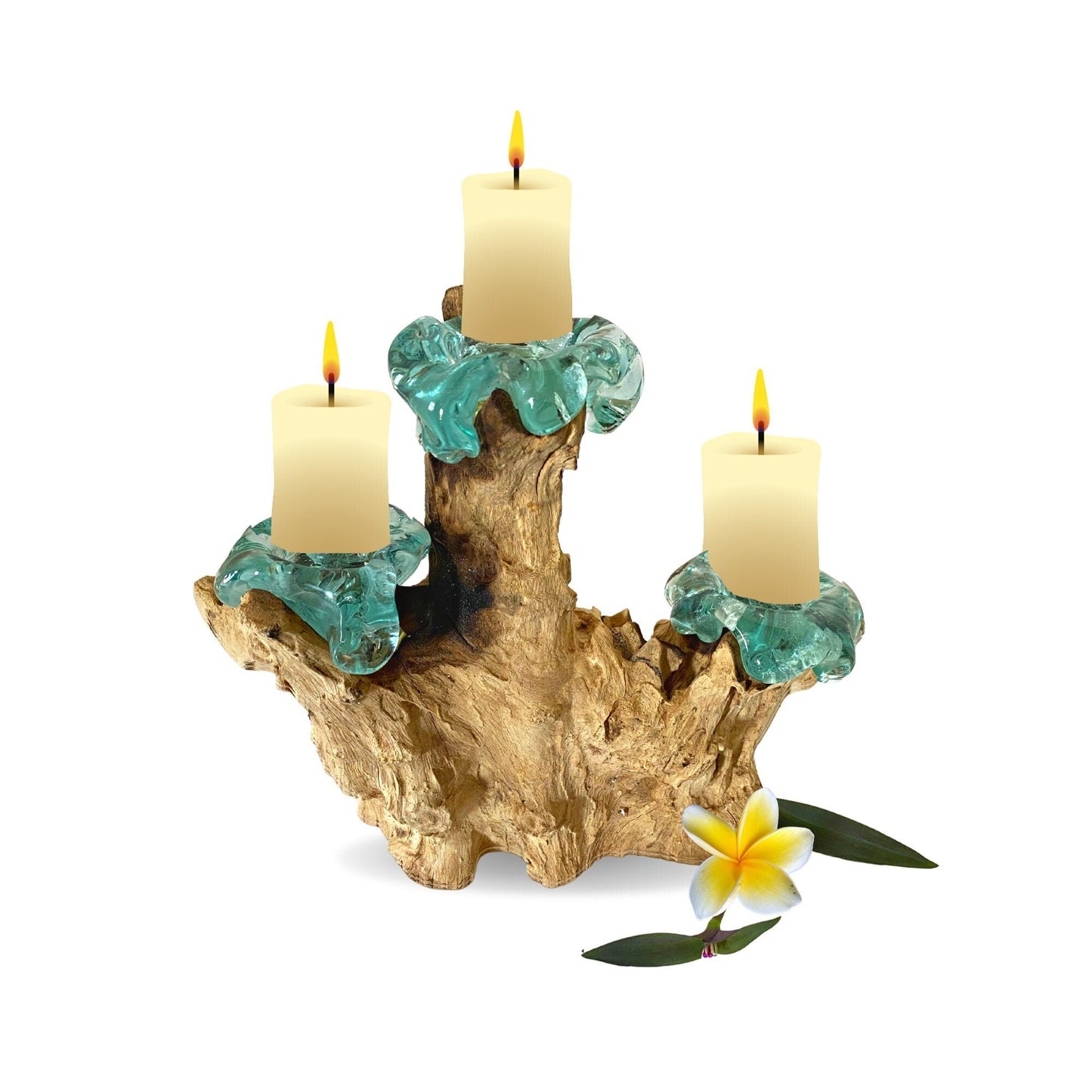 Hand Blown Glass Triple Candelabra Candle Holder Table Centerpiece Slumped Reclaimed Teak Root Wood Base Eclectic Boho Decor Balinese Art