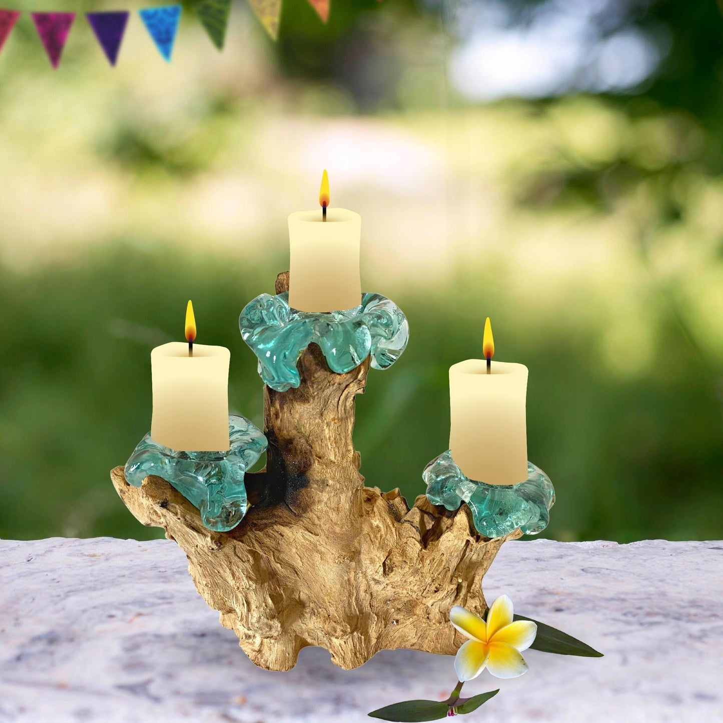 Hand Blown Glass Triple Candelabra Candle Holder Table Centerpiece Slumped Reclaimed Teak Root Wood Base Eclectic Boho Decor Balinese Art