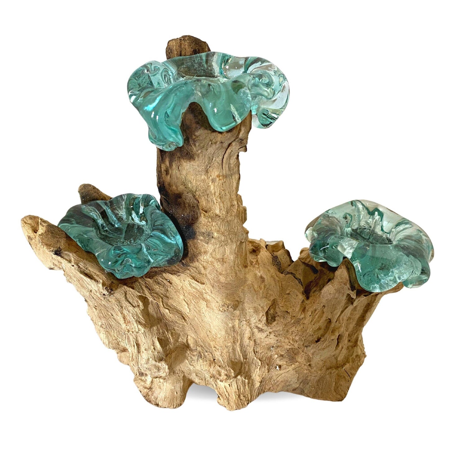 Hand Blown Glass Triple Candelabra Candle Holder Table Centerpiece Slumped Reclaimed Teak Root Wood Base Eclectic Boho Decor Balinese Art
