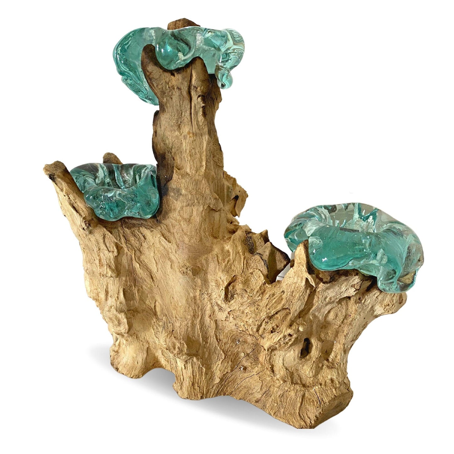 Hand Blown Glass Triple Candelabra Candle Holder Table Centerpiece Slumped Reclaimed Teak Root Wood Base Eclectic Boho Decor Balinese Art