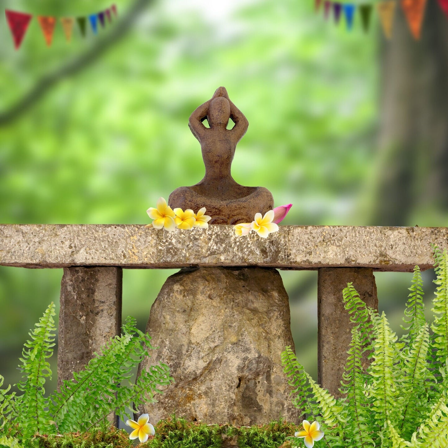 Gaia Goddess Garden Statue: Hand Cast Lava Stone Offering Smudge Bowl, Bali Garden Art