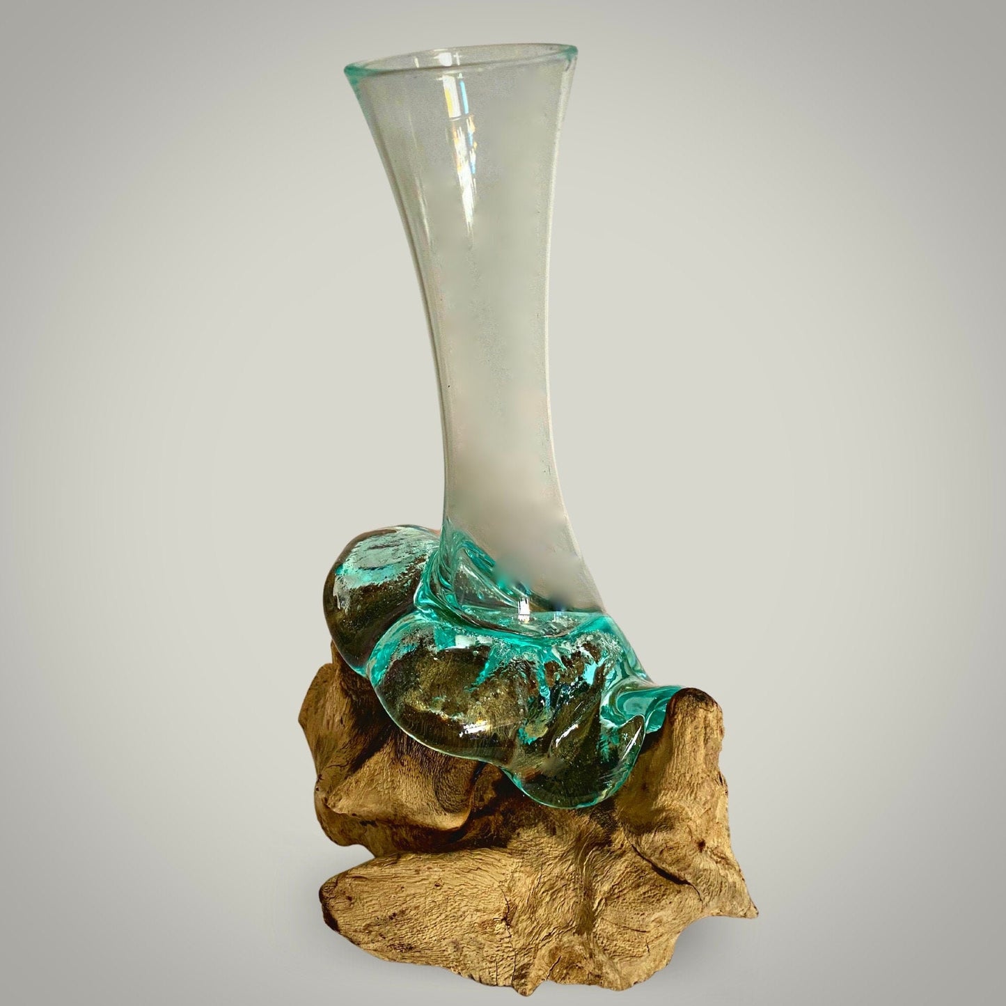Hand Blown Molten Glass Teak Wood Base Propagation Bud Vase House Plant Rooter Slumped Reclaimed Recycled Eclectic Boho Decor Balinese Art