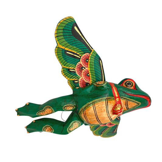 FLYING Frog Mobile Winged Spirit demon Chaser hand carved wood Balinese Folk Art green - Acadia World Traders