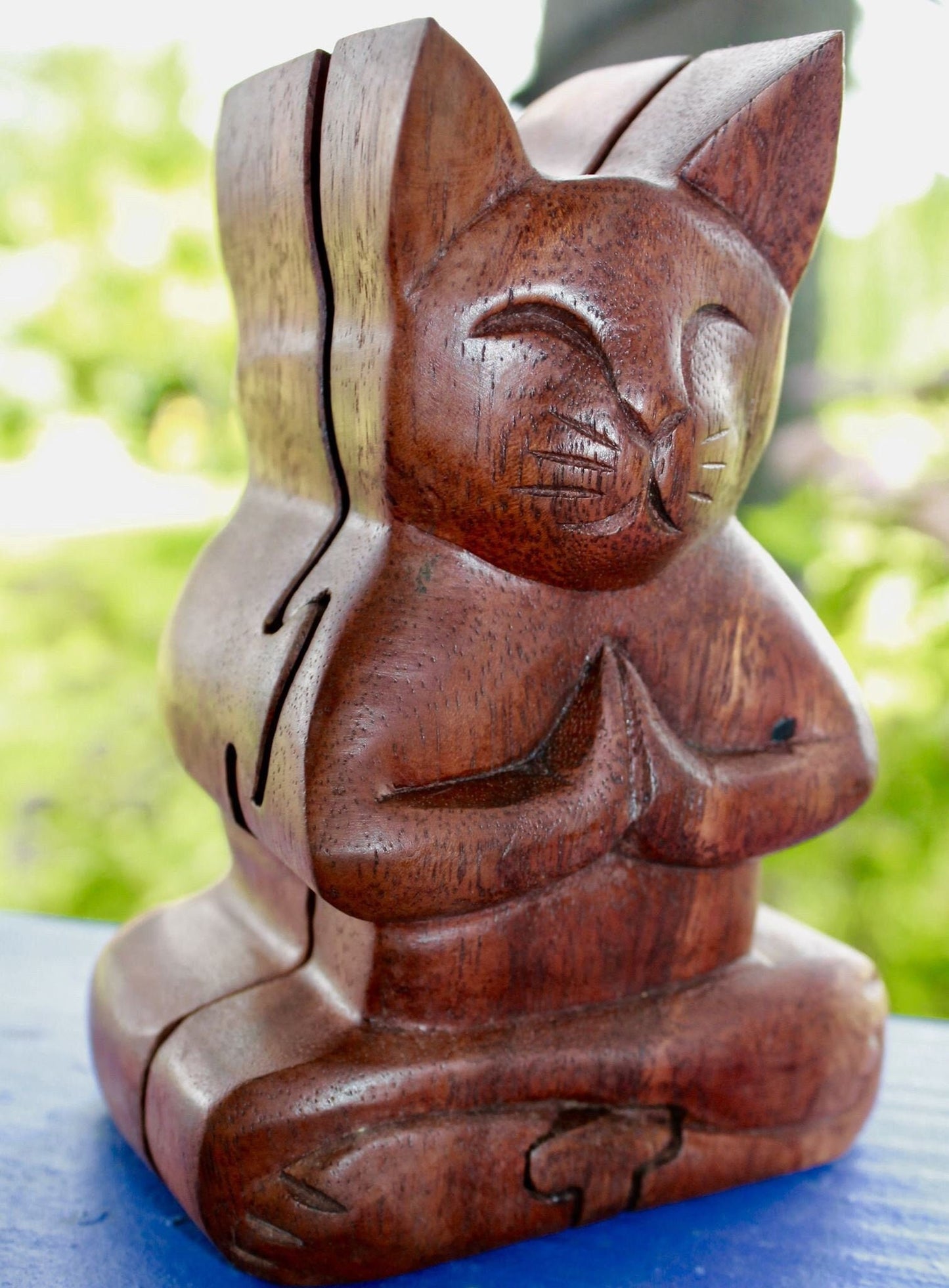 Namaste Cat Secret puzzle Box Stash Trinket carved suar wood Bali Art