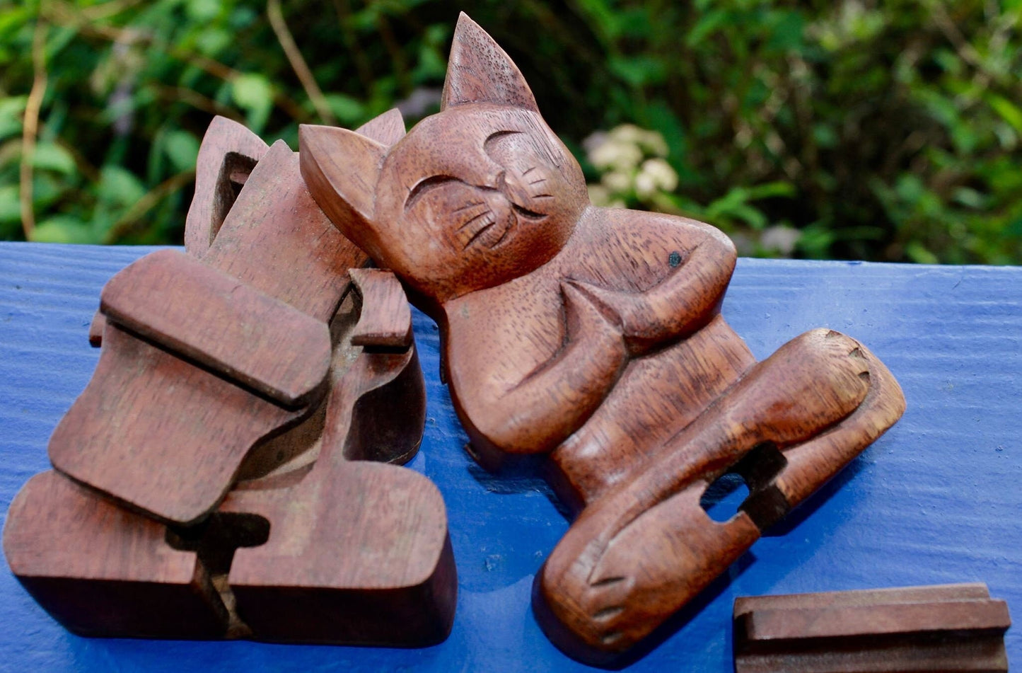 Namaste Cat Secret puzzle Box Stash Trinket carved suar wood Bali Art