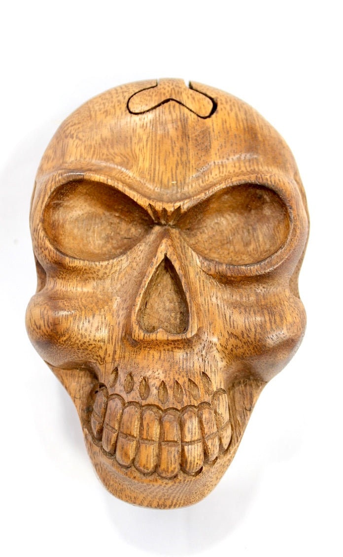 Skull Skeleton Secret Puzzle Trinket Box stash box jewelry gift box Hand Carved Wood handmade GOTHIC Bali art - Acadia World Traders