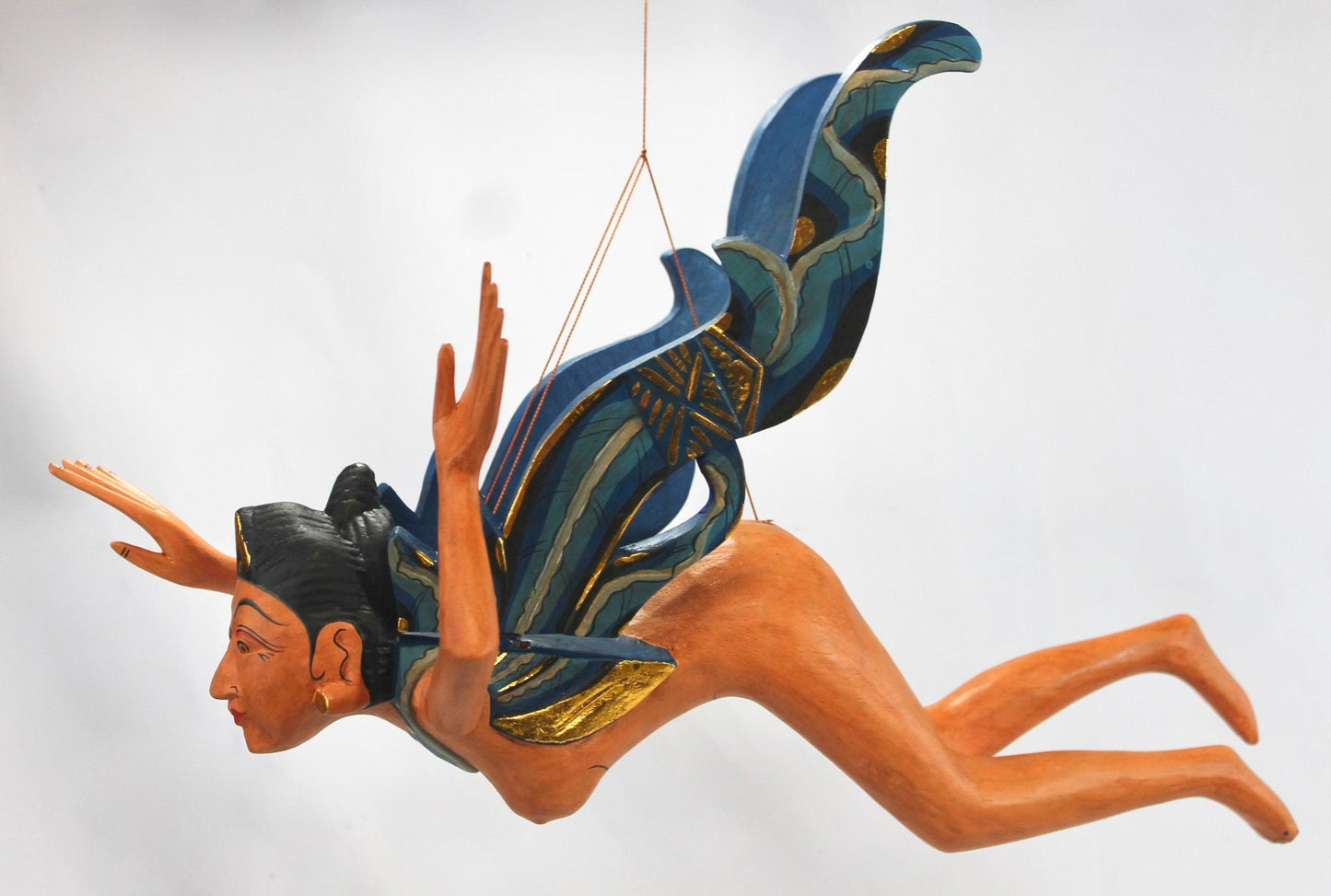 Flying Dewi Sri Nude Goddess Mobile Demon Chaser Carved Wood Balinese art Teal - Acadia World Traders