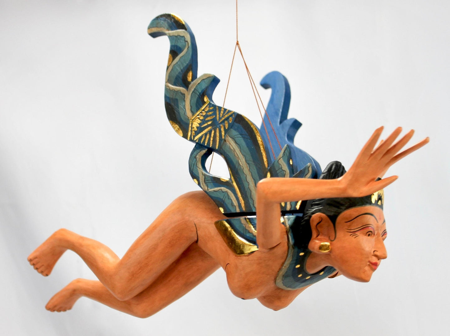 Flying Dewi Sri Nude Goddess Mobile Demon Chaser Carved Wood Balinese art Teal - Acadia World Traders