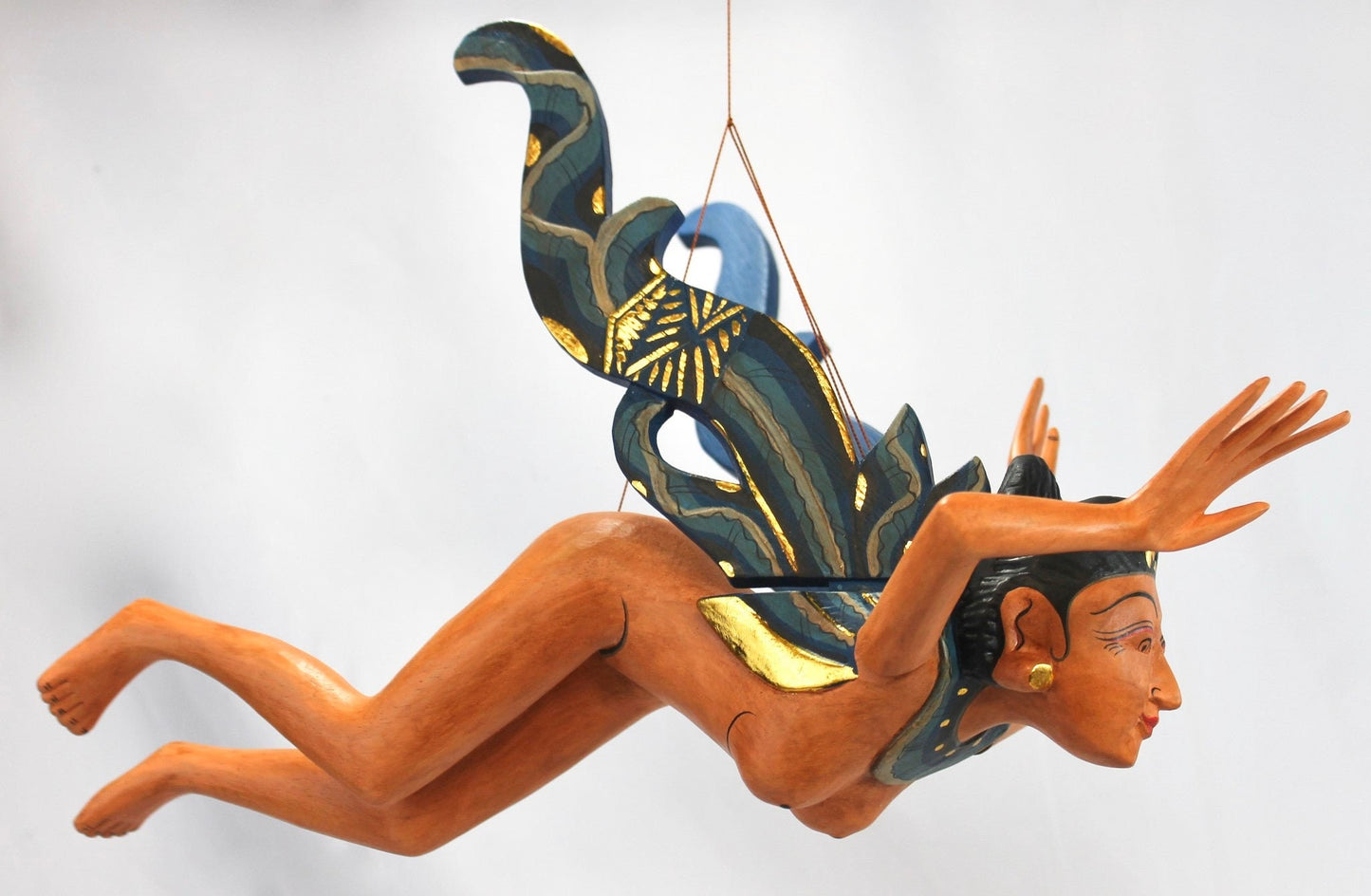 Flying Dewi Sri Nude Goddess Mobile Demon Chaser Carved Wood Balinese art Teal - Acadia World Traders