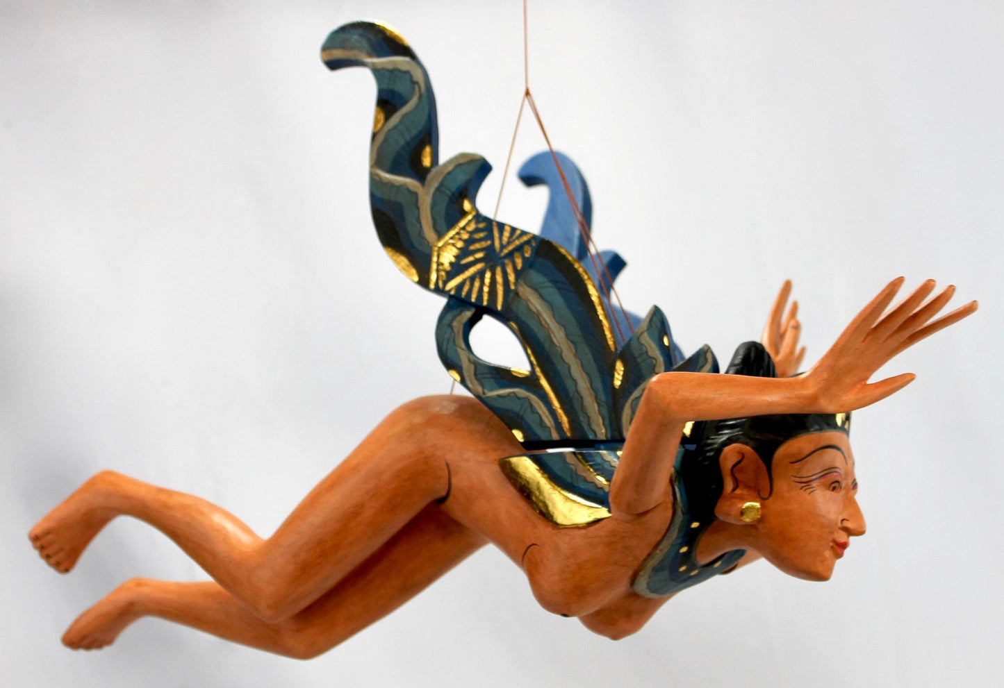 Flying Dewi Sri Nude Goddess Mobile Demon Chaser Carved Wood Balinese art Teal - Acadia World Traders