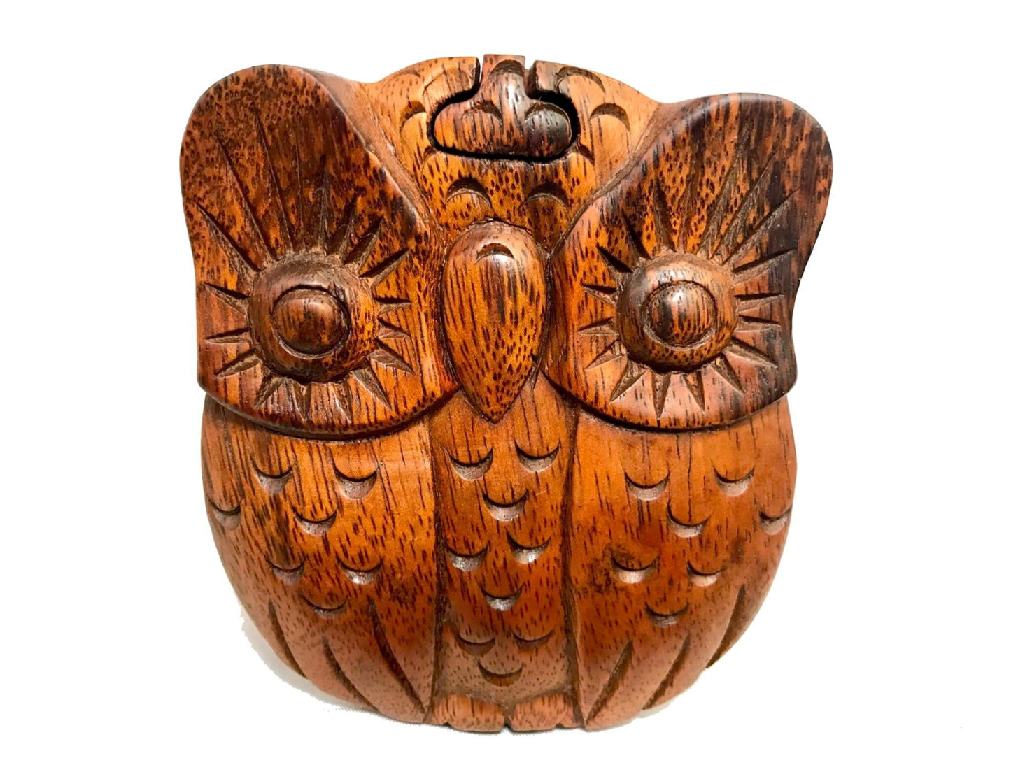 Horned Owl Box Secret Puzzle Stash box jewerly gift box Hand Carved Wood
