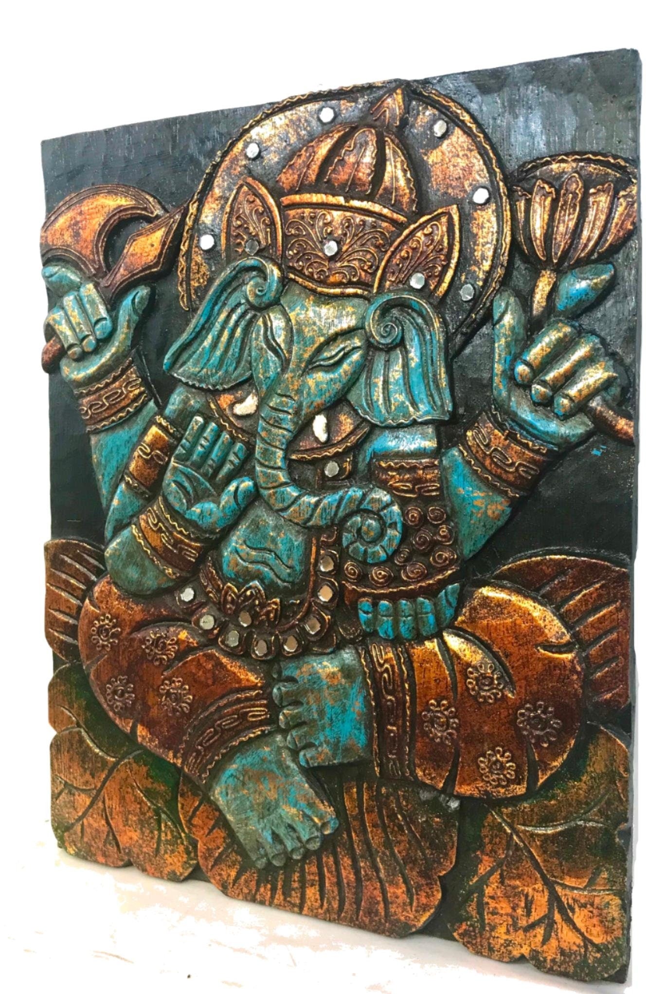 Blue Ganesha Lotus Pose Hand Carved Wood Carving Wall Art Decor Sculpture Panel Balinese Hindu folk Art Elephant God - Acadia World Traders