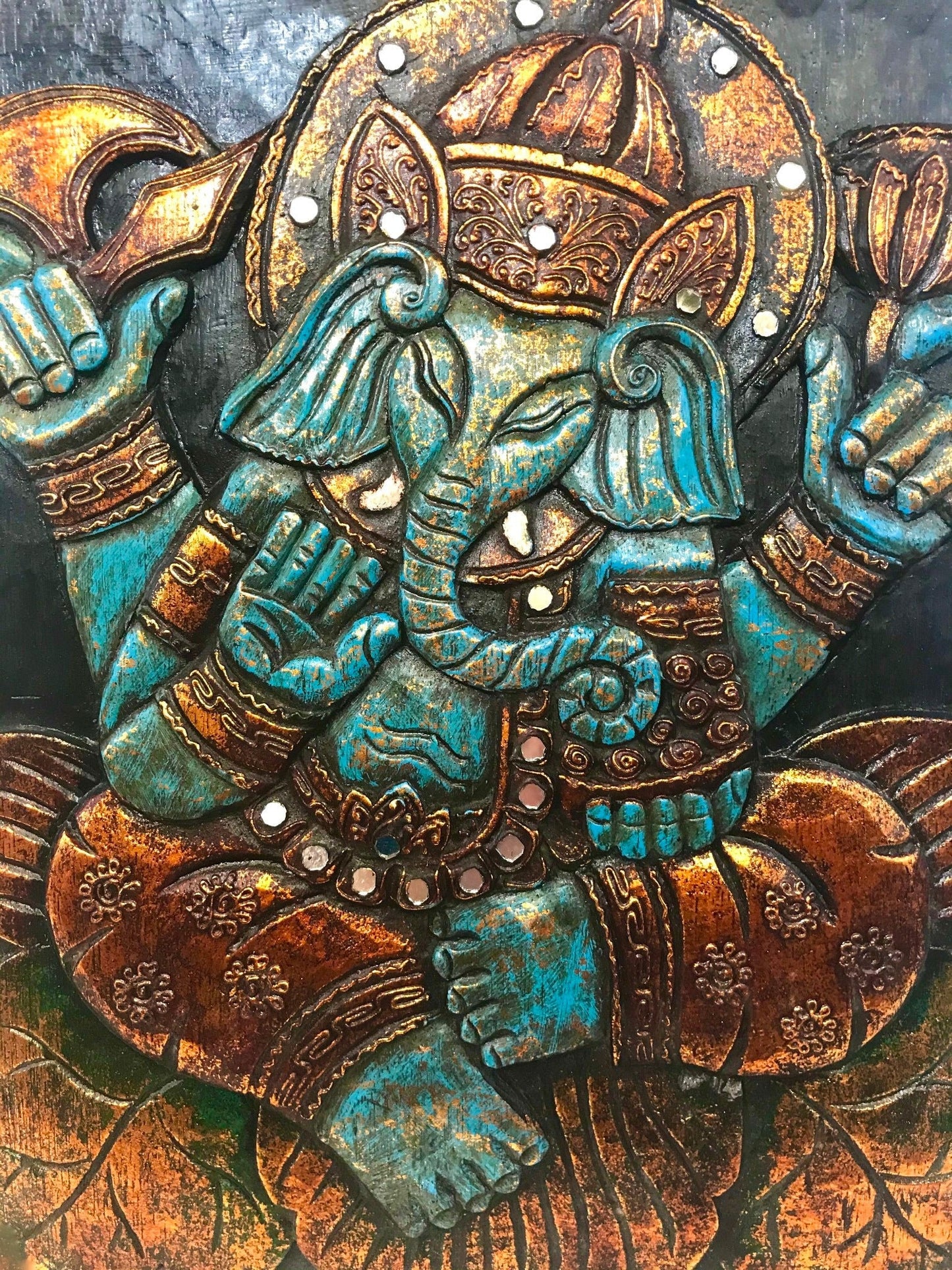 Hand Carved Blue Ganesha Wood Wall Art Panel: Balinese Wood Carving, Elephant God