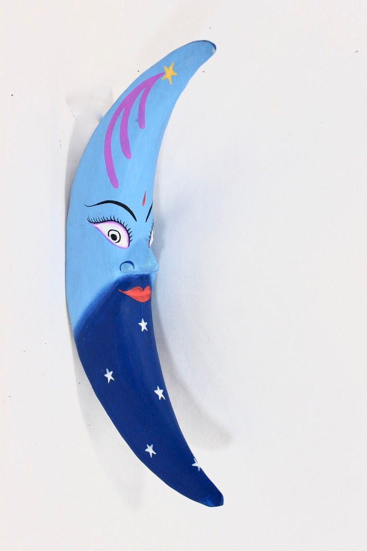 Blue Moon Man in the Moon hanging Mobile Hand Carved Wood Carving Balinese Folk art