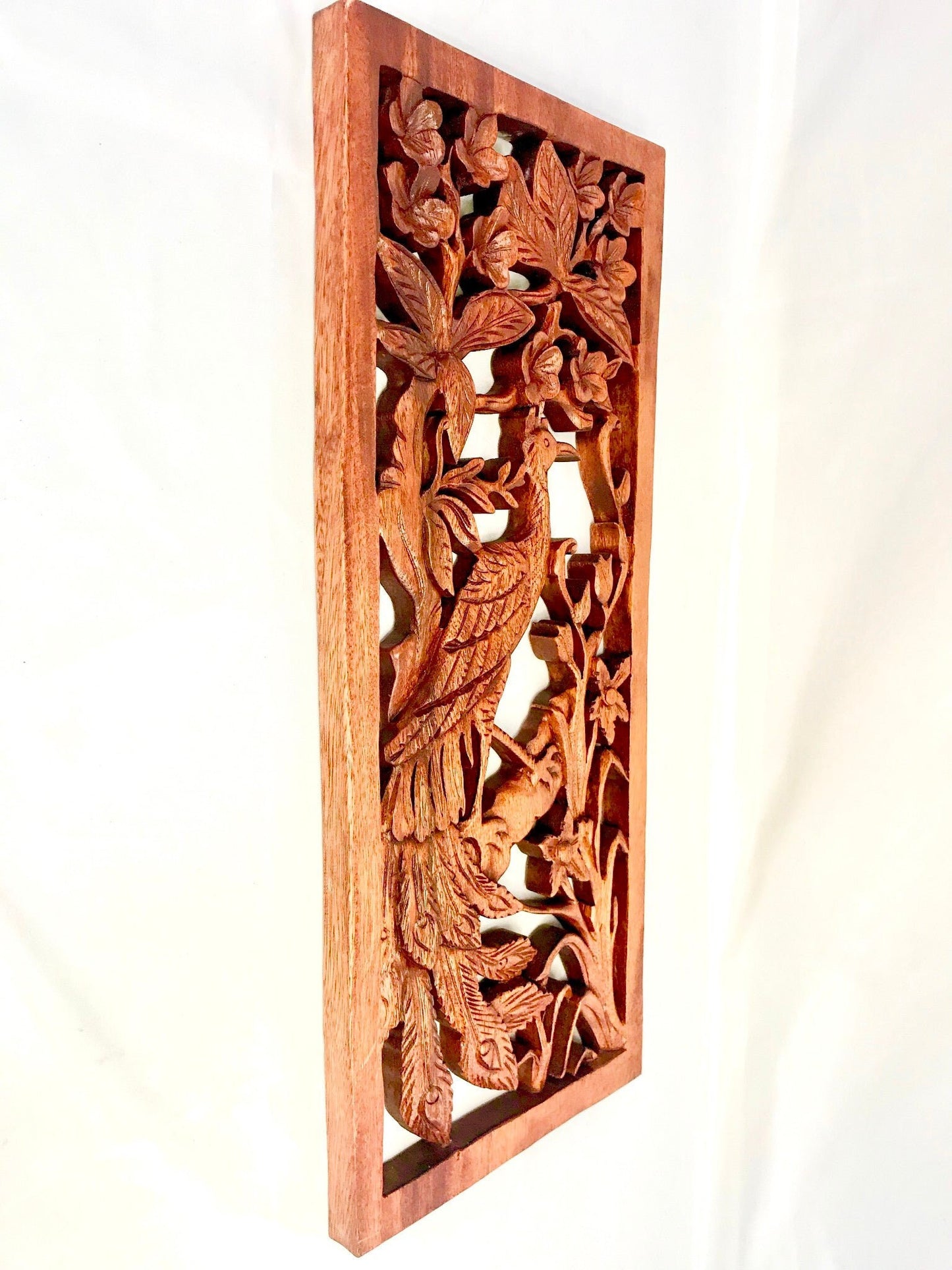 Balinese Peacock Panel Wall Art Plaque Hand Carved Wood Asian Decor - Acadia World Traders