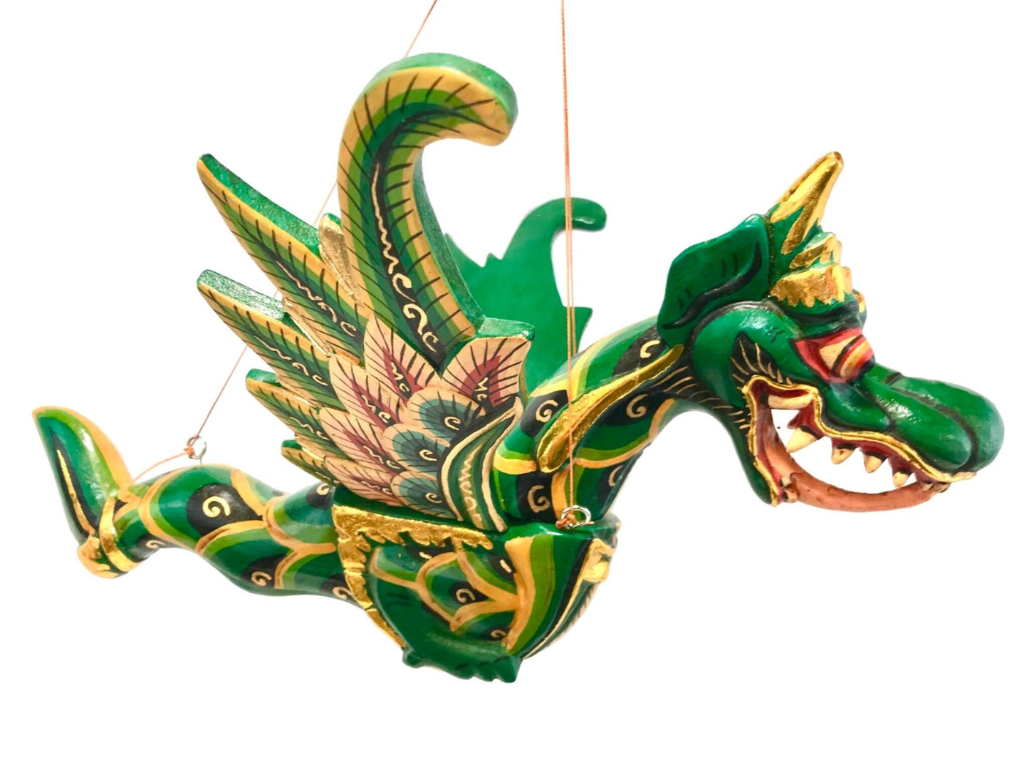Winged Flying Dragon Naga Hanging Mobile Spiritchaser Demon Chaser Crib Guardian Handmade Balinese Folk Art Ornament Green