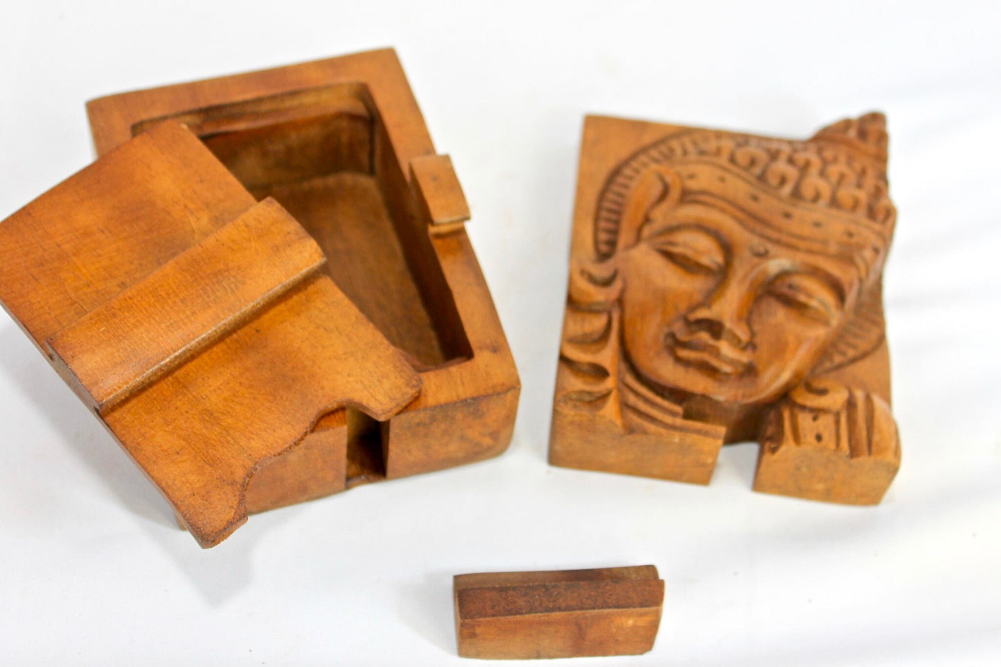 Hand Carved Wood Buddha Secret Puzzle Box: Stash Box