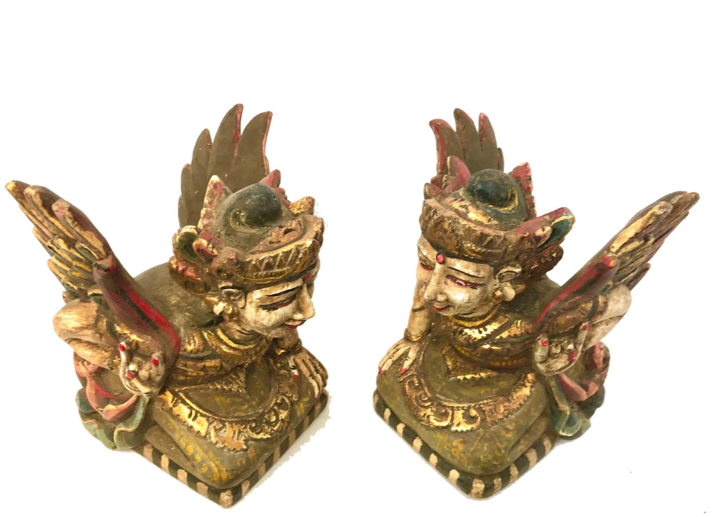 Vintage Balinese Winged Goddess Sculpture Pair: Hand Carved Wood Folk Art Temple Guardian