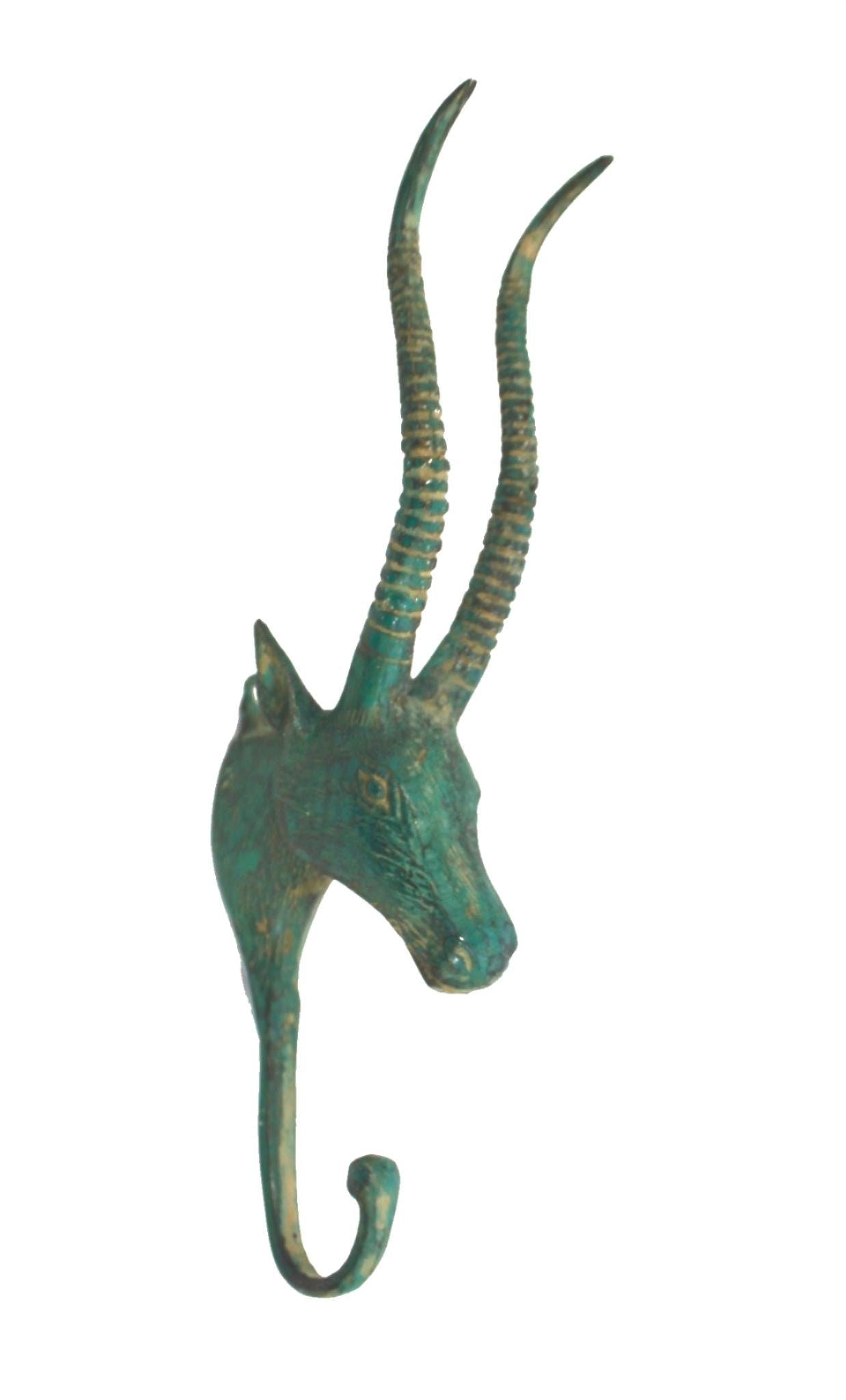Antelope Wall HOOK Bronze metal Impala peg coat hook hanger farmhouse wildlife decor lost wax cast Green Teal Bali Art