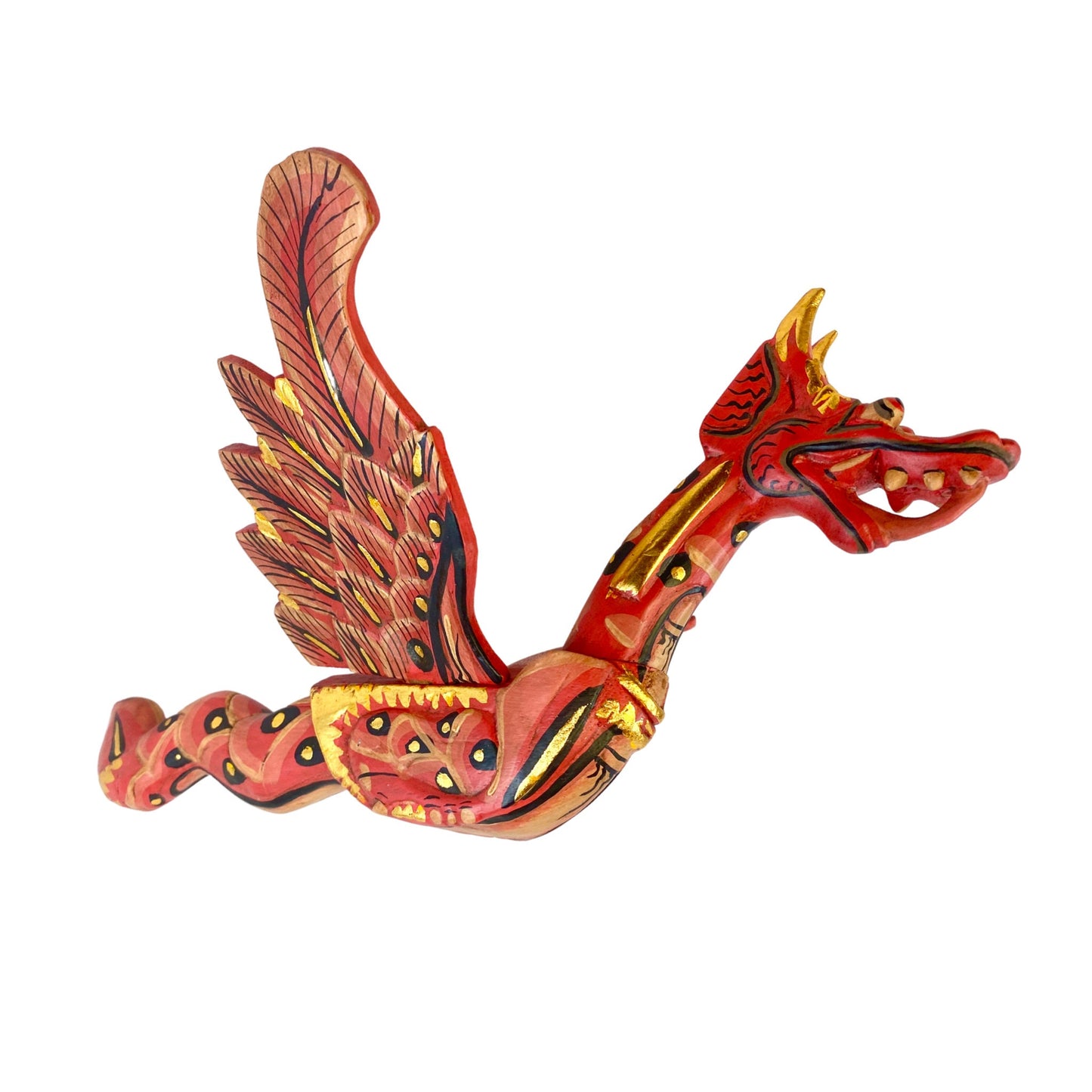 Flying Naga Winged Dragon Hanging Mobile Spiritchaser Cradle Guardian Hand Carved wood Carving Balinese Folk Art 16" Red