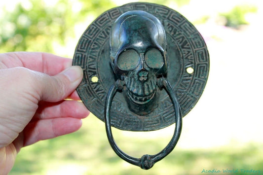 Vintage Gothic Skull Door Knocker Handle Verdigris Cast Bronze Balinese Art - Acadia World Traders